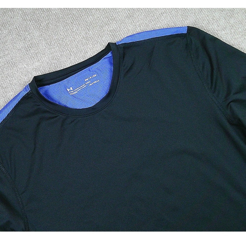 Under Armour HeatGear Mens Small Fitted Long Sleeve Shirt Black Blue Mesh Back
